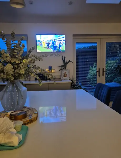 Kitchen extension with pendant lights and downlights