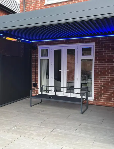 Pergola terrace with blue LED strip lighting